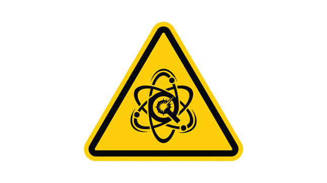 Bright yellow triangular hazard warning sign featuring a stylized black atomic symbol with a central explosion icon isolated on a clean and simple white background surface