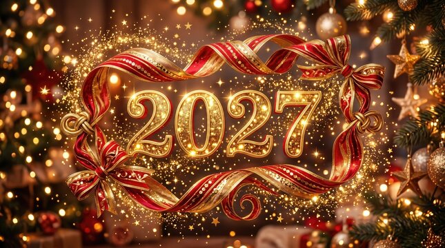 Golden 2027 New Year celebration background, sparkling glitter numbers with red silk ribbon, festive holiday banner with bokeh lights