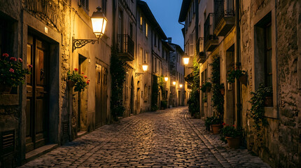 Fototapeta premium Cobblestone street illuminated by warm street lamps in a quiet old town at dusk.