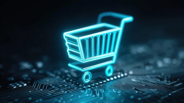 Neon shopping cart icon on a circuit board, representing online shopping.