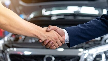 Naklejka premium Close-up of a confident business handshake between a car dealer and a customer with a blurred luxury vehicle background, symbolizing trust, successful auto sale, and financial agreement.