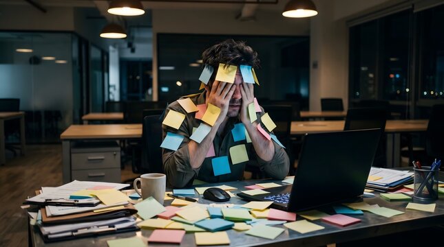Overwhelmed Professional Buried Under Paperwork in Busy Office