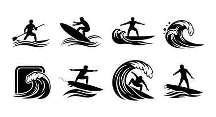 Obraz premium Set of black and white surfing and paddle boarding silhouette icons.