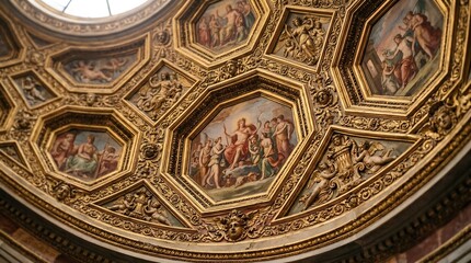 Obraz premium Intricate Renaissance Dome Ceiling Frescoes and Gilded Ornate Decorations.