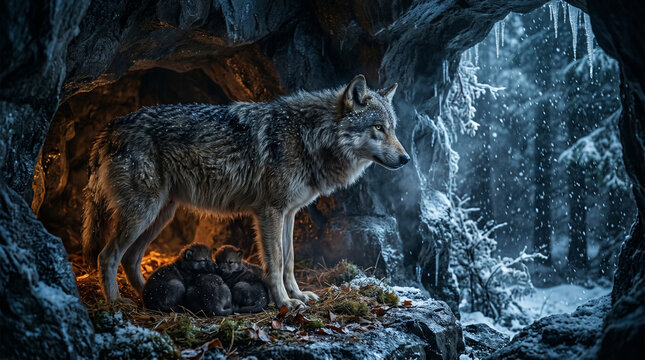 Cinematic Mother Wolf Protecting Newborn Pups in Snow Cave