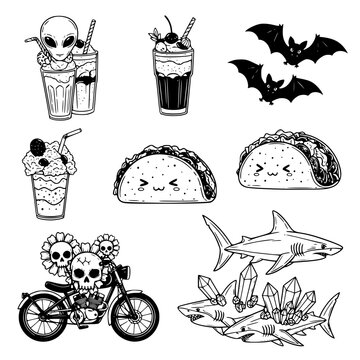 Gothic Kawaii Vector Illustration Set with Sharks Tacos and Alien Milkshakes