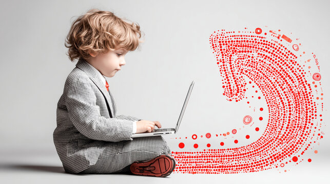 Young child in oversized suit jacket sits on floor using laptop, with red arrow and dotted patterns forming dynamic hybrid template