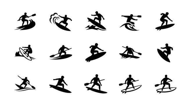 Set of black silhouettes of people stand up paddle boarding and surfing.