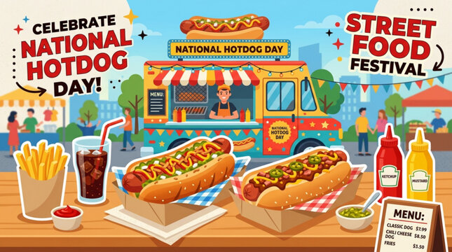 Colorful food truck serving hotdogs with ketchup mustard and relish at a lively street festival celebrating national hotdog day