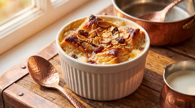 Traditional Middle Eastern bread pudding dessert served in ceramic dish on wooden table with spoon