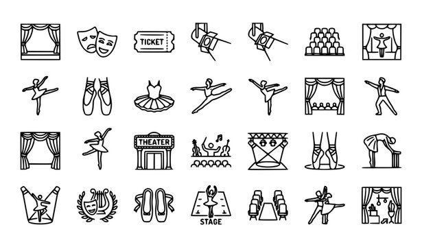 Theater ballet Black icons set. Outline set of theater ballet vector icons for web design isolated on white background