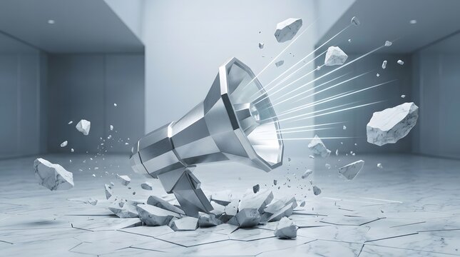 Silver megaphone breaking through concrete floor concept of breaking news.