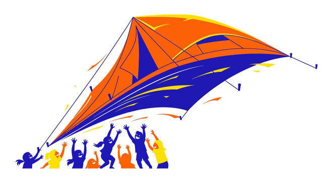 Vibrant orange and blue parachute illustration with joyful people