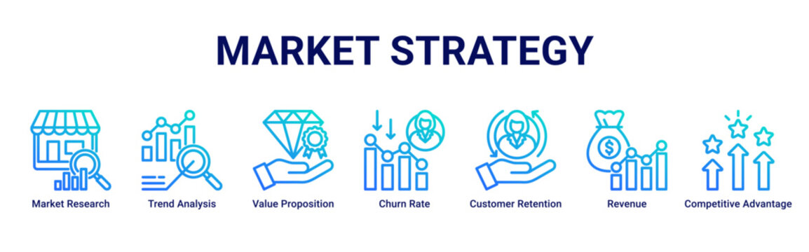 Market Strategy web banner icon vector illustration with Market Research, Trend Analysis, Value Proposition, Churn Rate, Customer Retention, Revenue and Competitive Advantage
