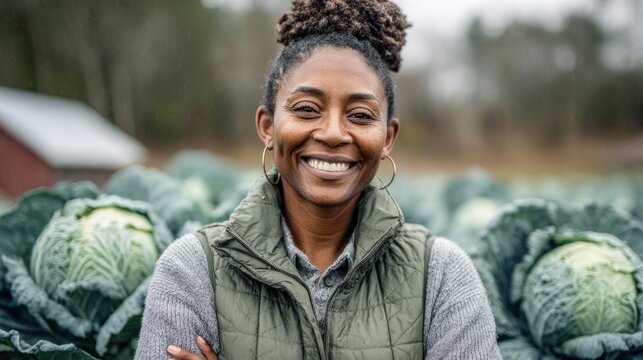 Smiling Black Woman Farmer Posing in Cabbage Field on a Cloudy Day