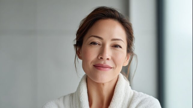 Smiling woman in a white bathrobe looking at the camera with a natural expression