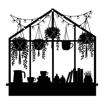 Cozy Greenhouse Interior Silhouette with Hanging Plants Fairy Lights and Books