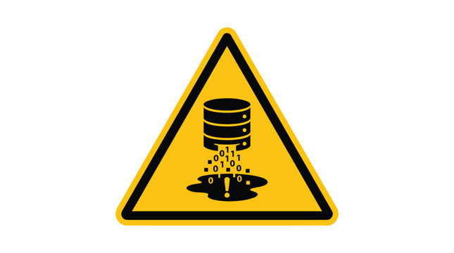 A yellow triangular warning sign featuring a black icon of a leaking database server losing binary code data with a central exclamation point symbol design