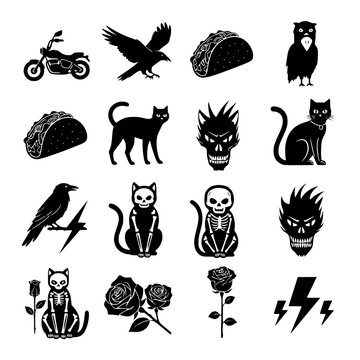 Set of Black Gothic and Punk Style Silhouette Icons for Tattoos and Stickers