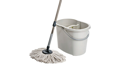 Classic household cleaning mop with white bucket utility equipment isolated on transparent background © Arina