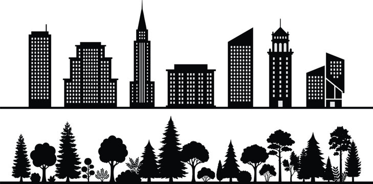 A professional vector silhouette set featuring a modern city skyline and a green park forest landscape borders