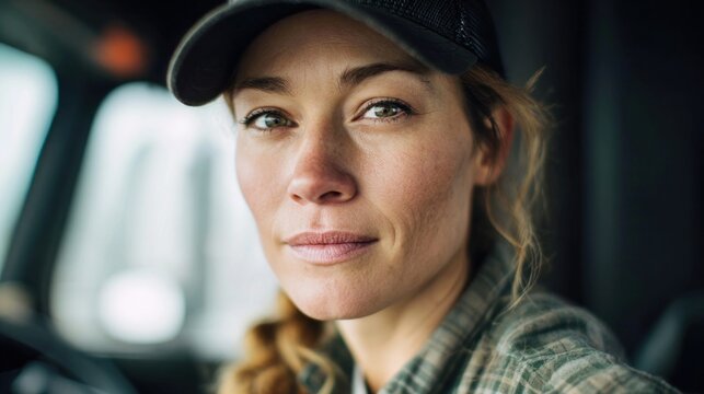 Portrait of a female truck driver wearing a cap, looking directly at the camera