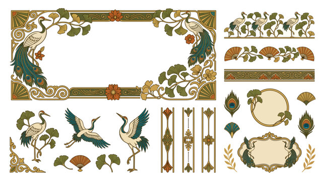 Aesthetic Movement crane ginkgo ornament vector set with peacock feather accents, fan corners and vintage botanical decorative frames