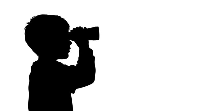 Silhouette of a young boy looking through binoculars.