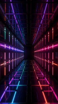 Traveling through a glowing futuristic tunnel with geometric patterns and bright neon lights creating a digital pathway.