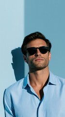 Fototapeta premium A young man with short brown hair stands confidently against a light blue backdrop. He wears dark sunglasses and a light blue shirt, creating a stylish summer look.