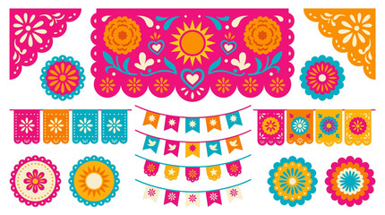 Fototapeta premium Mexican papel picado ornament vector set with marigold floral frames, scalloped banners, heart motifs and colorful festive decorative borders