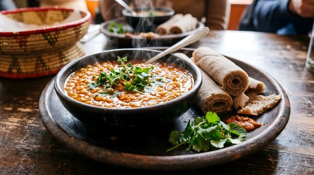 Traditional Ethiopian Misir Wot lentil stew with injera flatbread, authentic African cuisine served in a ceramic bowl, spicy vegetarian meal