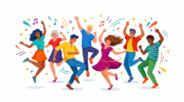 Vector illustration of dancing people group with men women and children dancing at music party in fun crowd silhouette style