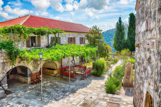 Amazing Stone church with bell tower at Gradiste monastery near Buljarica, Montenegro.