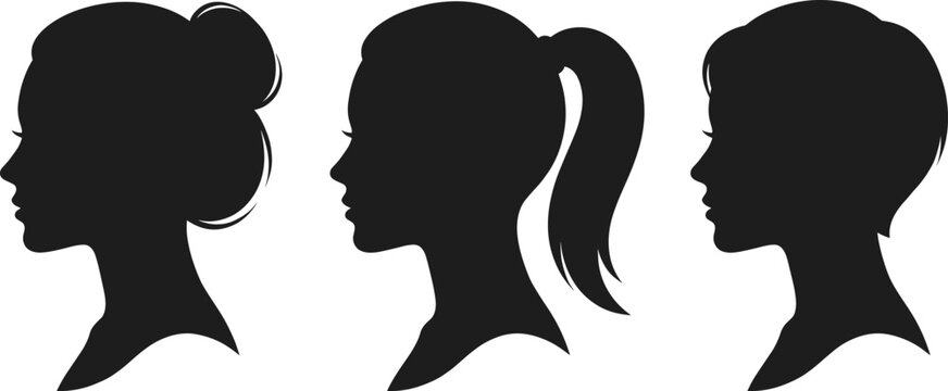 A professional vector silhouette set featuring side profile views of women showing bun ponytail and short hairstyles