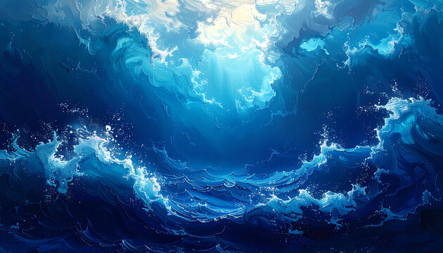 Abstract turbulent ocean waves under bright sunlight, dynamic water splashes and sea foam, deep blue and light blue color palette, energy and motion