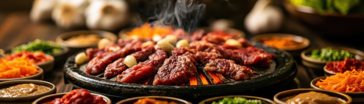 Thin slices of raw marinated beef grilling on  hot metal circular stove surrounded by small bowl side dishes