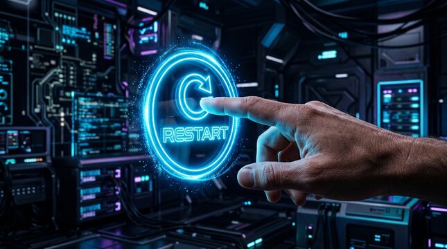 A human hand presses a luminous 'RESTART' button, initiating a system reboot in a futuristic, neon-lit digital environment, symbolizing renewal and problem-solving in advanced technology