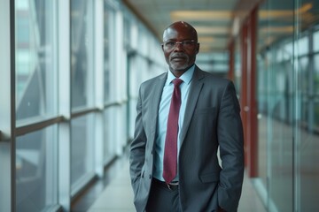 Fototapeta premium Confident man stands in modern office hallway