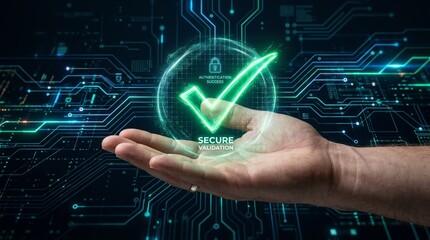 Fototapeta premium Digital Security and Cybersecurity Concept with a Hand and a Glowing Checkmark Symbol on a Circuit Board Background