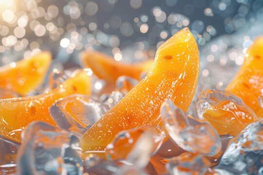 Glossy orange slices rest on clear ice cubes