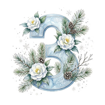 Watercolor icy blue number three with winter pine branches and white flowers