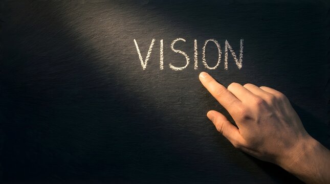 A human hand points at the word vision written in white chalk on a dark textured slate background surface