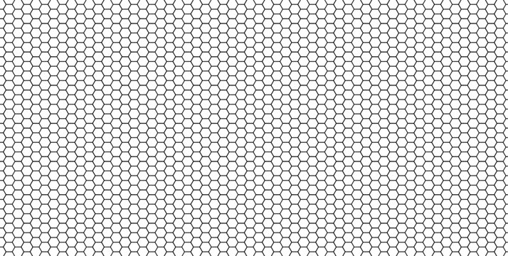 Seamless black outlined hexagon honeycomb grid vector pattern, clean geometric polygon lattice texture design and digital backgrounds.