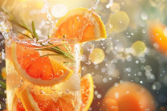 Fresh orange slices float in sparkling water