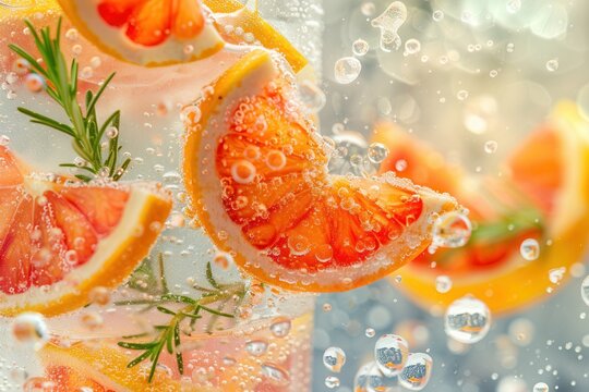 Citrus slices float in sparkling, refreshing water