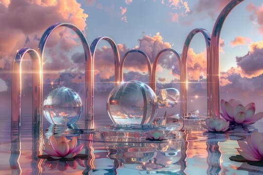 Glass spheres float above water, glowing softly