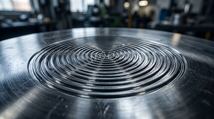 Obraz premium Industrial machined metal surface with concentric circular grooves, brushed steel texture in factory workshop, precision engineering background