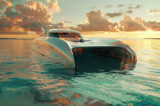 Glossy catamaran glides calm waters at sunset