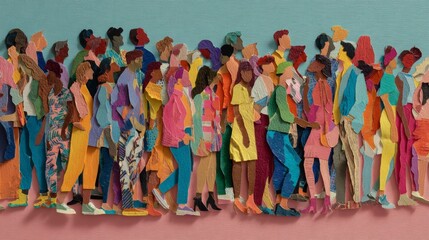 Obraz premium Colorful human figures standing on an upward business chart representing diversity, inclusive teamwork, workforce collaboration, data analysis, leadership strategy, and organizational growth in a mode